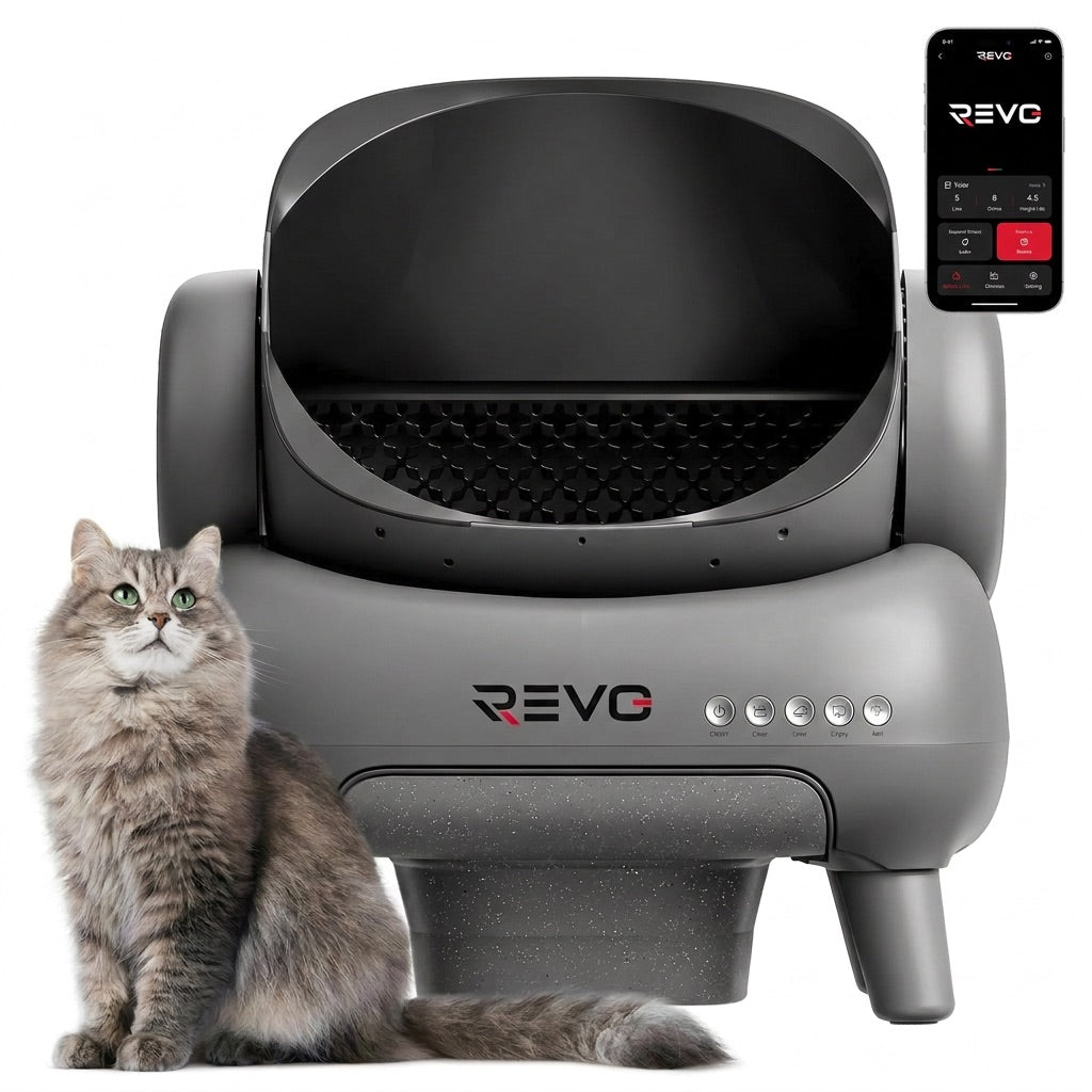 Litière autonettoyante pour chats REVO Serenis 14 – Conception ouverte, bac à déchets 11,23 L, application Wi-Fi & 9 capteurs de sécurité