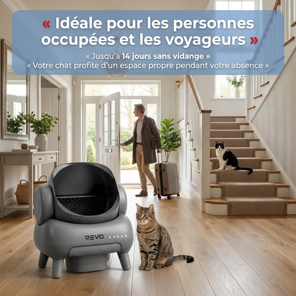Litière autonettoyante pour chats REVO Serenis 14 – Conception ouverte, bac à déchets 11,23 L, application Wi-Fi & 9 capteurs de sécurité