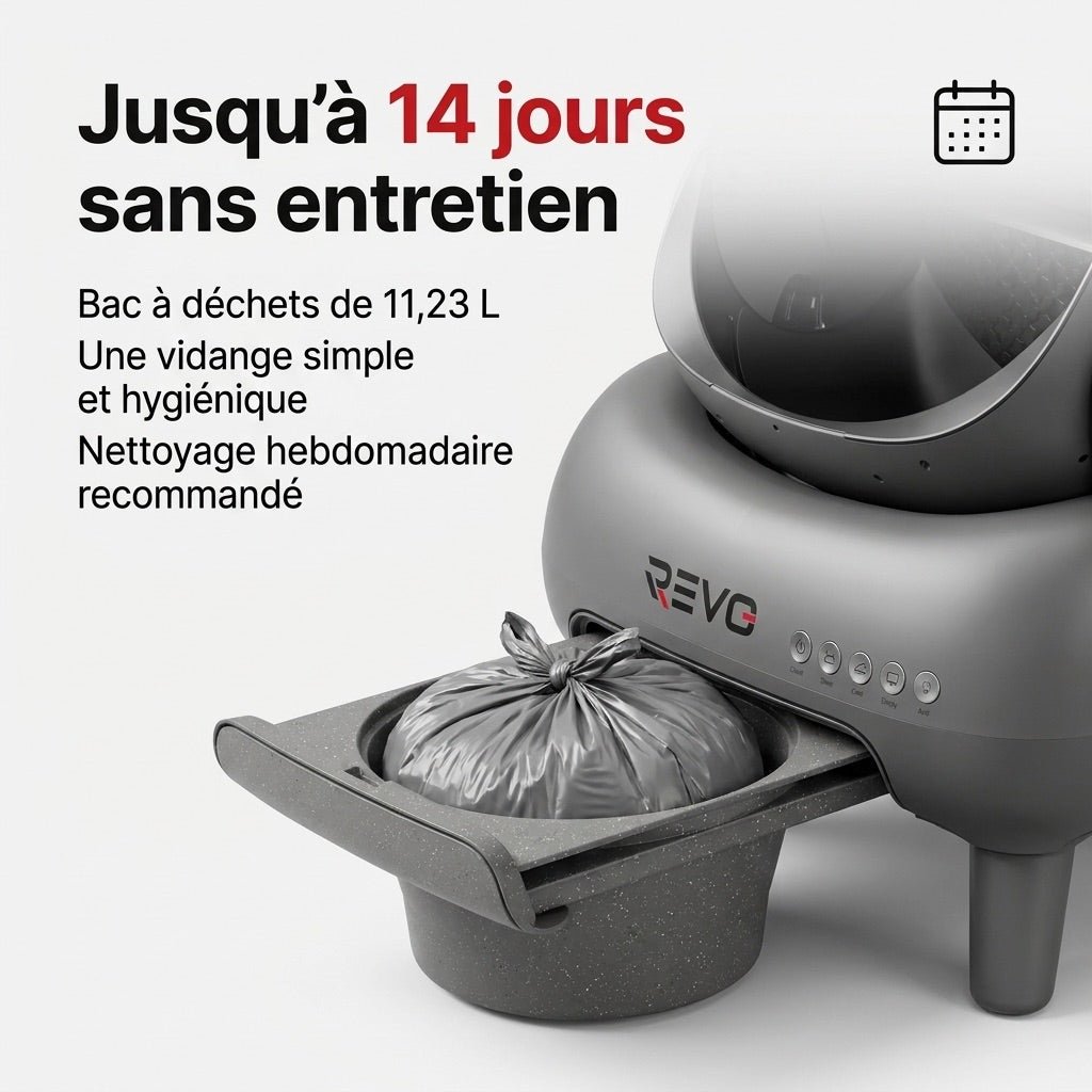Litière autonettoyante pour chats REVO Serenis 14 – Conception ouverte, bac à déchets 11,23 L, application Wi-Fi & 9 capteurs de sécurité