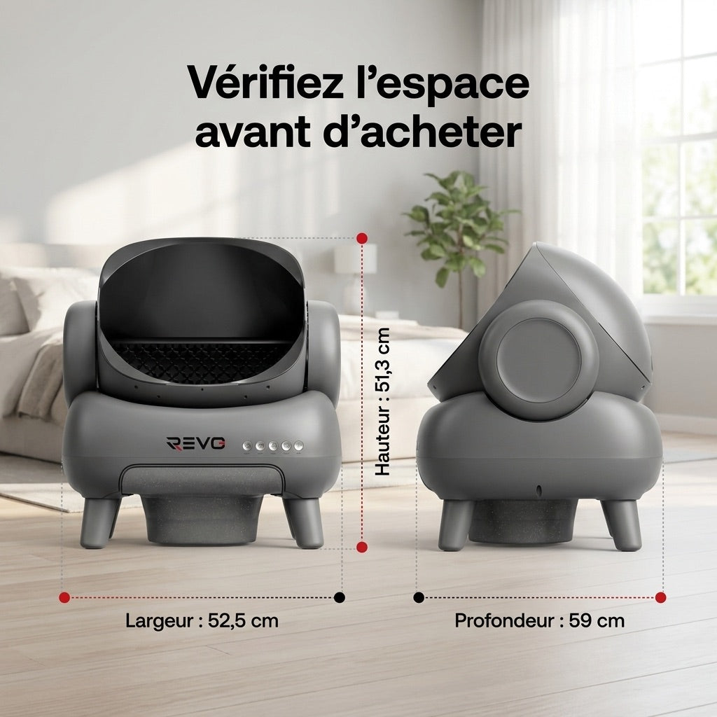 Litière autonettoyante pour chats REVO Serenis 14 – Conception ouverte, bac à déchets 11,23 L, application Wi-Fi & 9 capteurs de sécurité