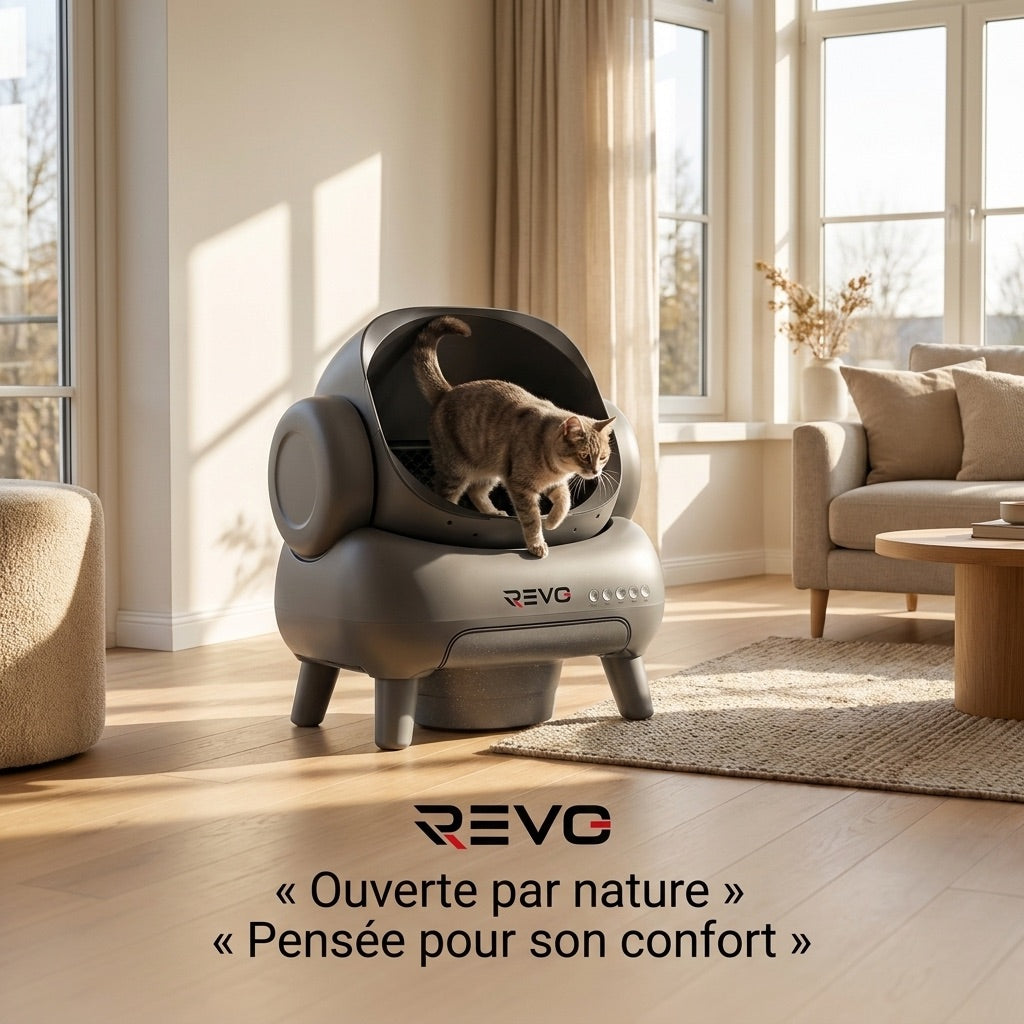 Litière autonettoyante pour chats REVO Serenis 14 – Conception ouverte, bac à déchets 11,23 L, application Wi-Fi & 9 capteurs de sécurité