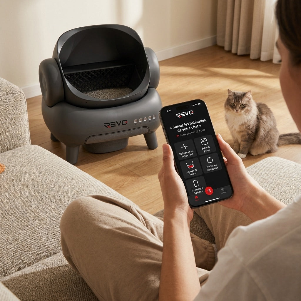 Litière autonettoyante pour chats REVO Serenis 14 – Conception ouverte, bac à déchets 11,23 L, application Wi-Fi & 9 capteurs de sécurité