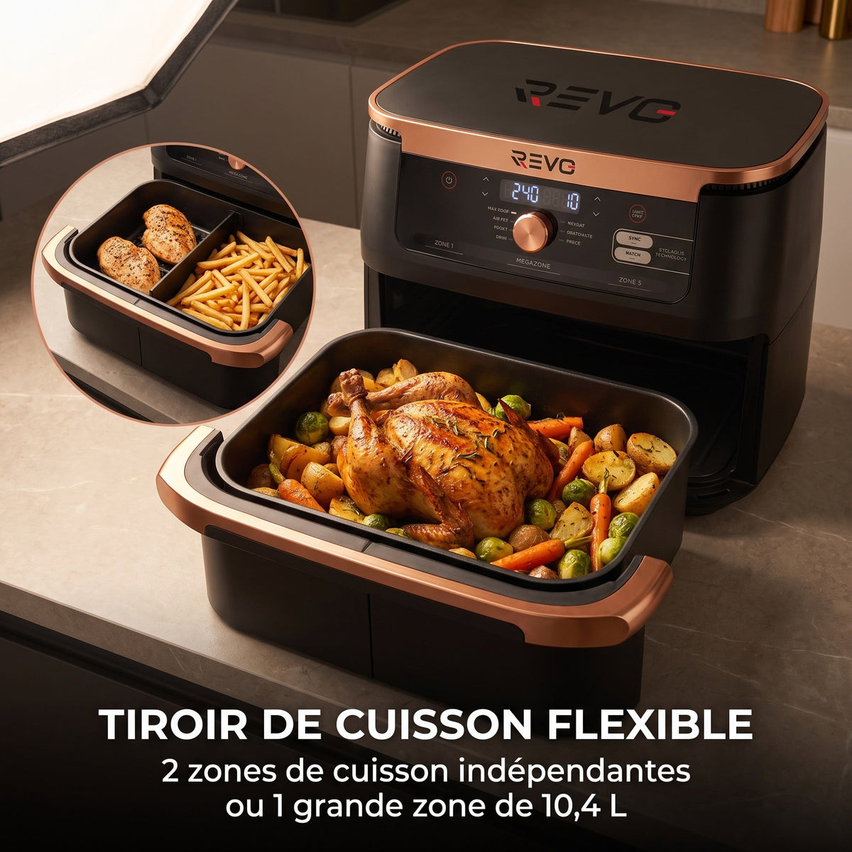 Friteuse à air chaud REVO Majora 10 – 10,4 L – 2 zones de cuisson – 7 fonctions – 2 470 W – 240 °C