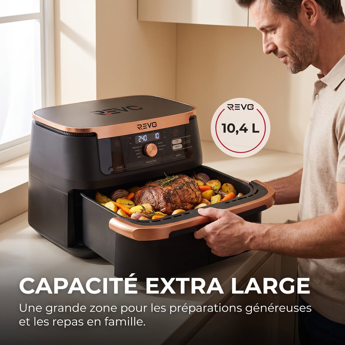 Friteuse à air chaud REVO Majora 10 – 10,4 L – 2 zones de cuisson – 7 fonctions – 2 470 W – 240 °C