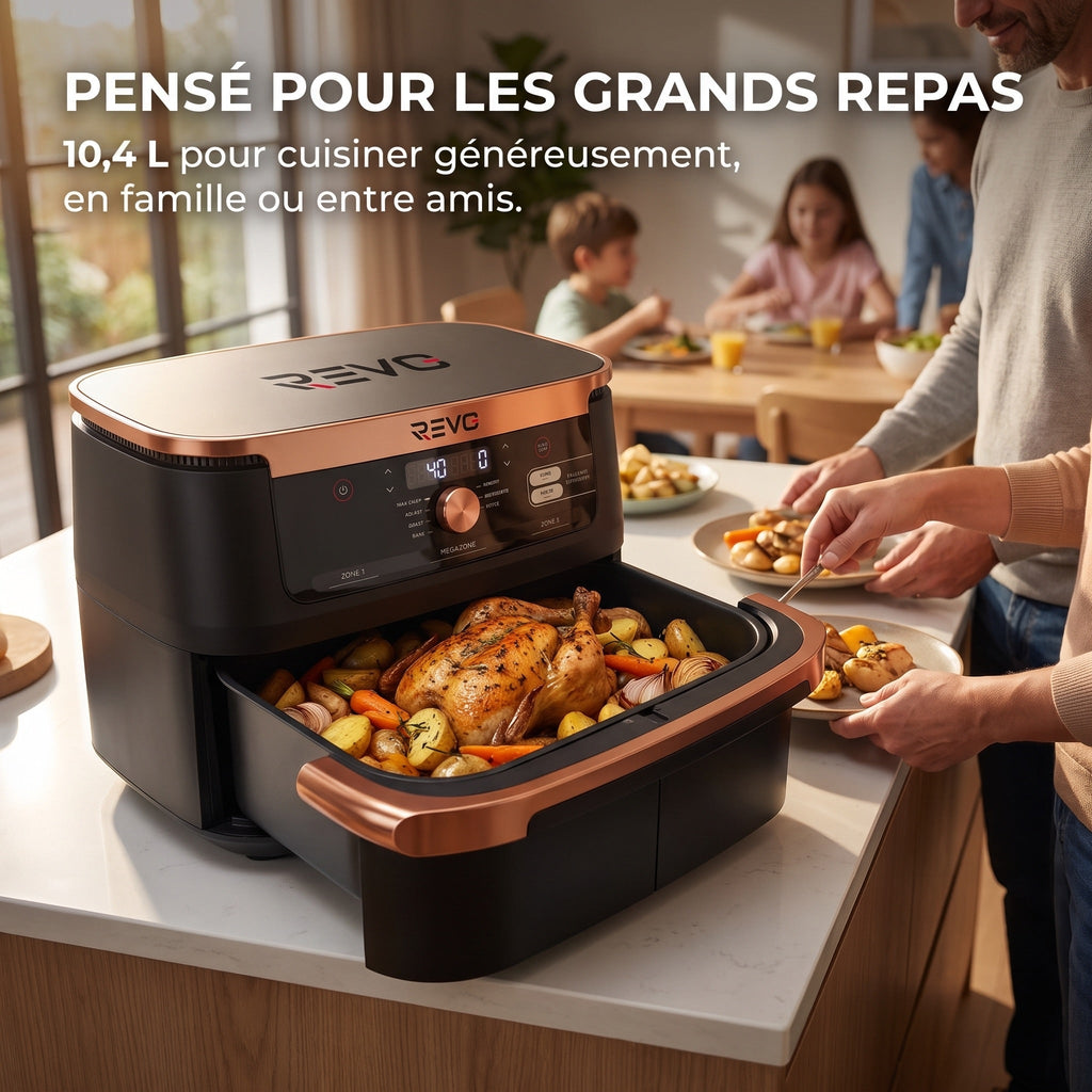 Friteuse à air chaud REVO Majora 10 – 10,4 L – 2 zones de cuisson – 7 fonctions – 2 470 W – 240 °C