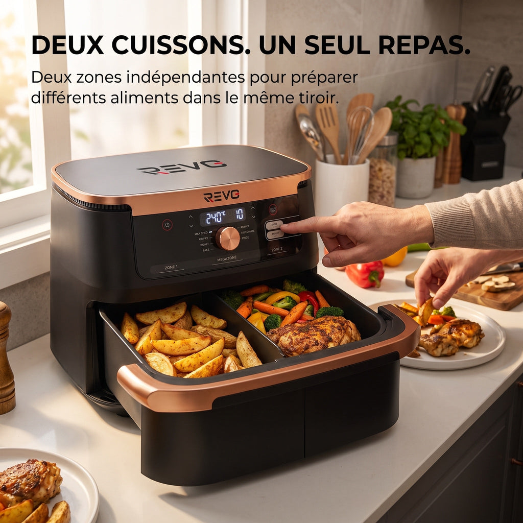 Friteuse à air chaud REVO Majora 10 – 10,4 L – 2 zones de cuisson – 7 fonctions – 2 470 W – 240 °C