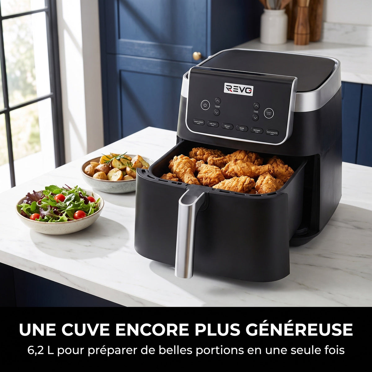 Friteuse à air chaud REVO Crispéo 6 – 2 000 W – Capacité 6,2 L – 6 fonctions de cuisson – Température réglable jusqu’à 180 °C