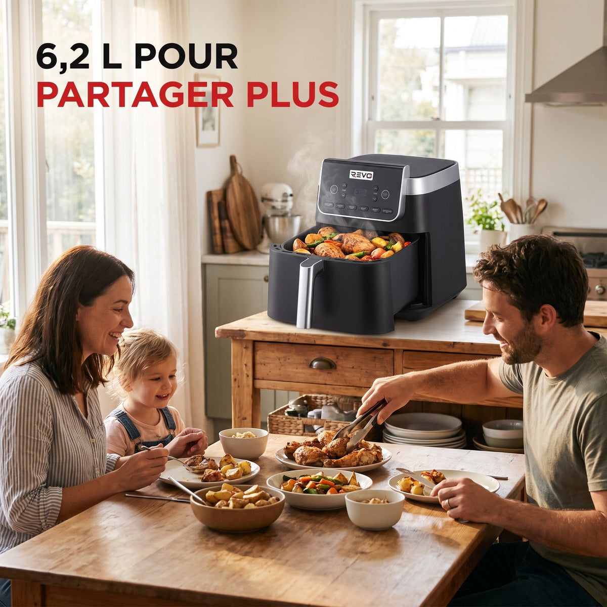 Friteuse à air chaud REVO Crispéo 6 – 2 000 W – Capacité 6,2 L – 6 fonctions de cuisson – Température réglable jusqu’à 180 °C
