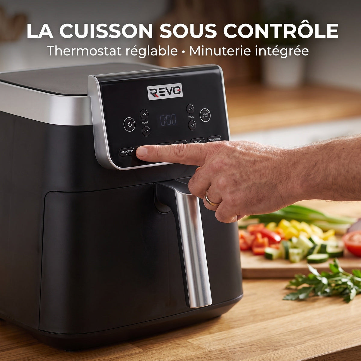 Friteuse à air chaud REVO Crispéo 6 – 2 000 W – Capacité 6,2 L – 6 fonctions de cuisson – Température réglable jusqu’à 180 °C