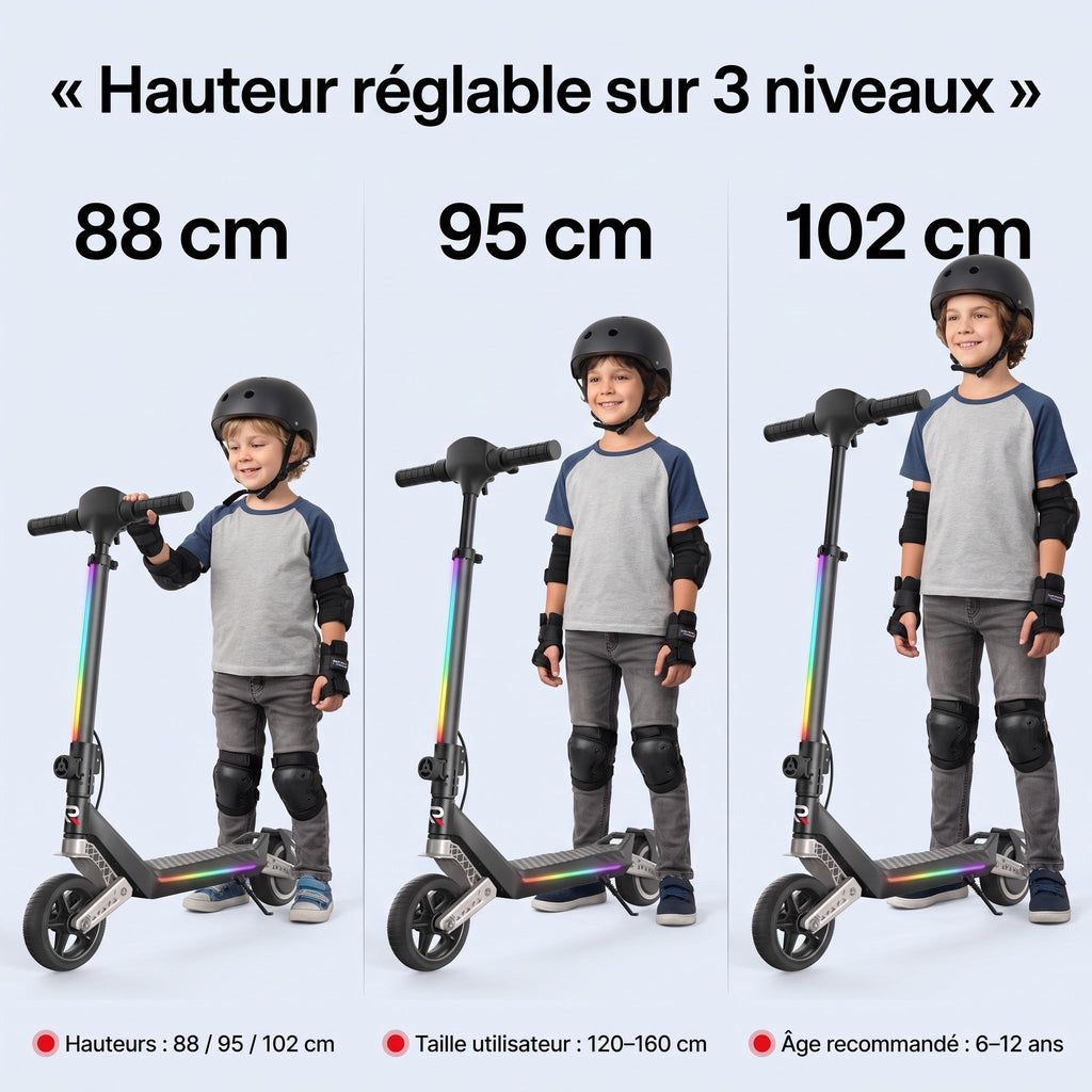 Trottinette électrique pour enfant REVO MiniPulse 16 – 6 à 12 ans – 5/10/16 km/h – Autonomie 9 km – Double suspension – Bluetooth et LED