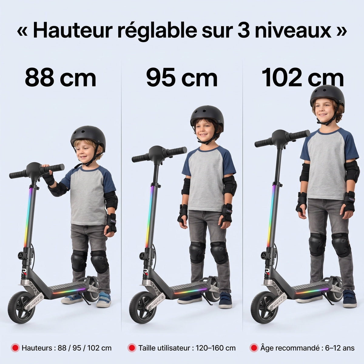 Trottinette électrique pour enfant REVO MiniPulse 16 – 6 à 12 ans – 5/10/16 km/h – Autonomie 9 km – Double suspension – Bluetooth et LED