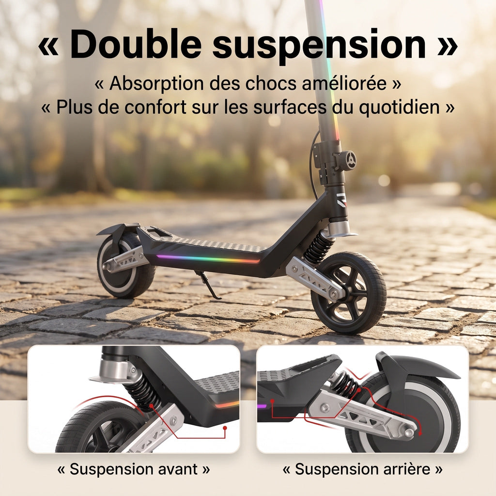 Trottinette électrique pour enfant REVO MiniPulse 16 – 6 à 12 ans – 5/10/16 km/h – Autonomie 9 km – Double suspension – Bluetooth et LED