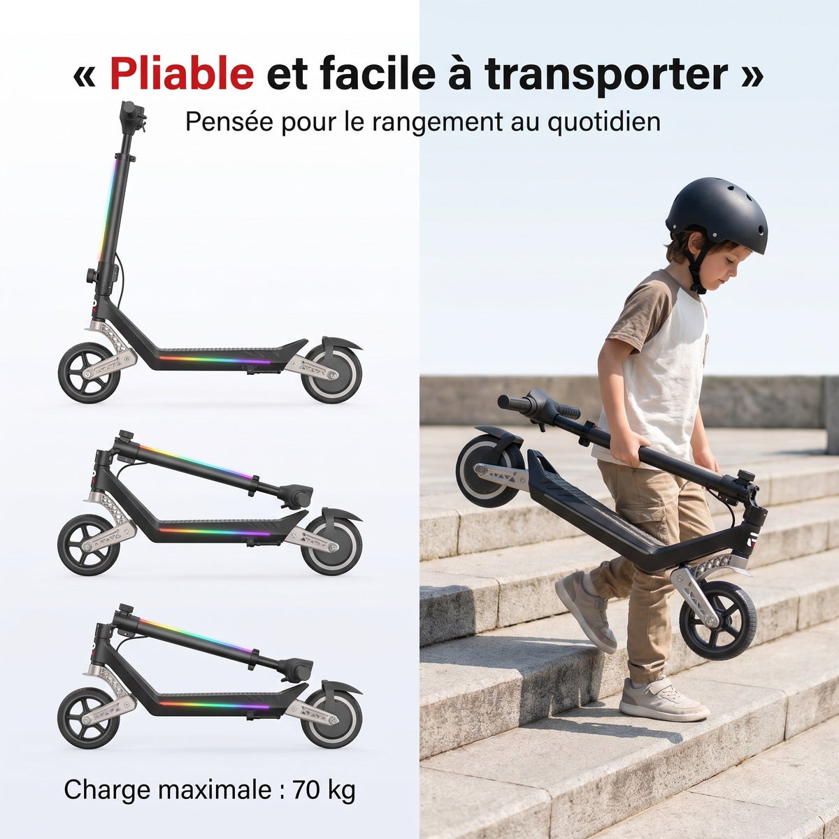 Trottinette électrique pour enfant REVO MiniPulse 16 – 6 à 12 ans – 5/10/16 km/h – Autonomie 9 km – Double suspension – Bluetooth et LED
