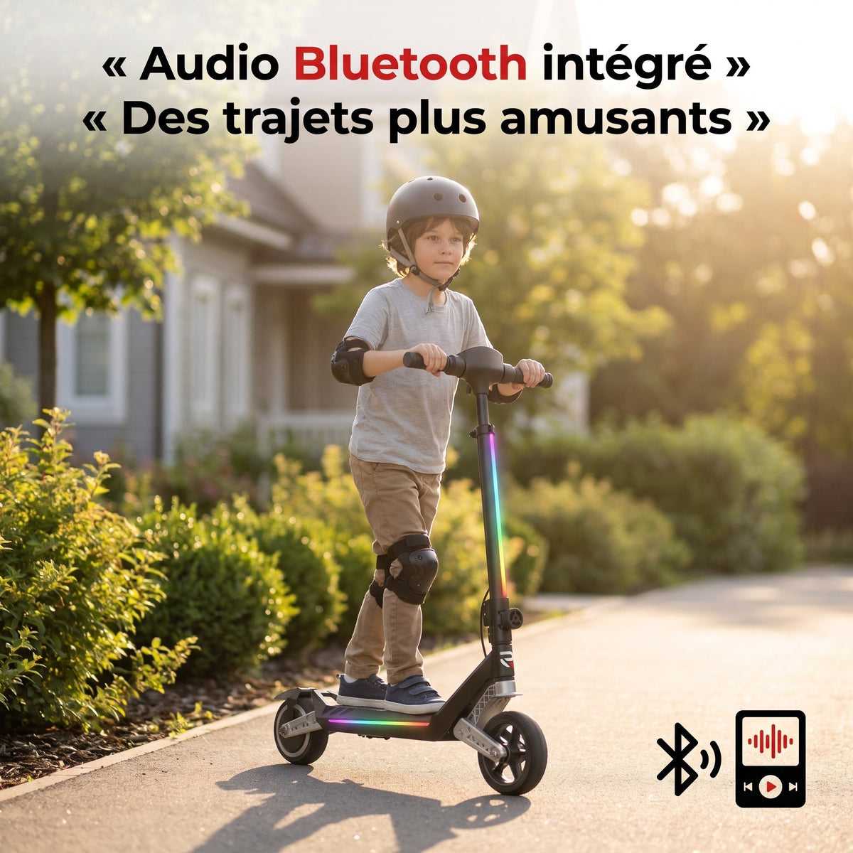 Trottinette électrique pour enfant REVO MiniPulse 16 – 6 à 12 ans – 5/10/16 km/h – Autonomie 9 km – Double suspension – Bluetooth et LED