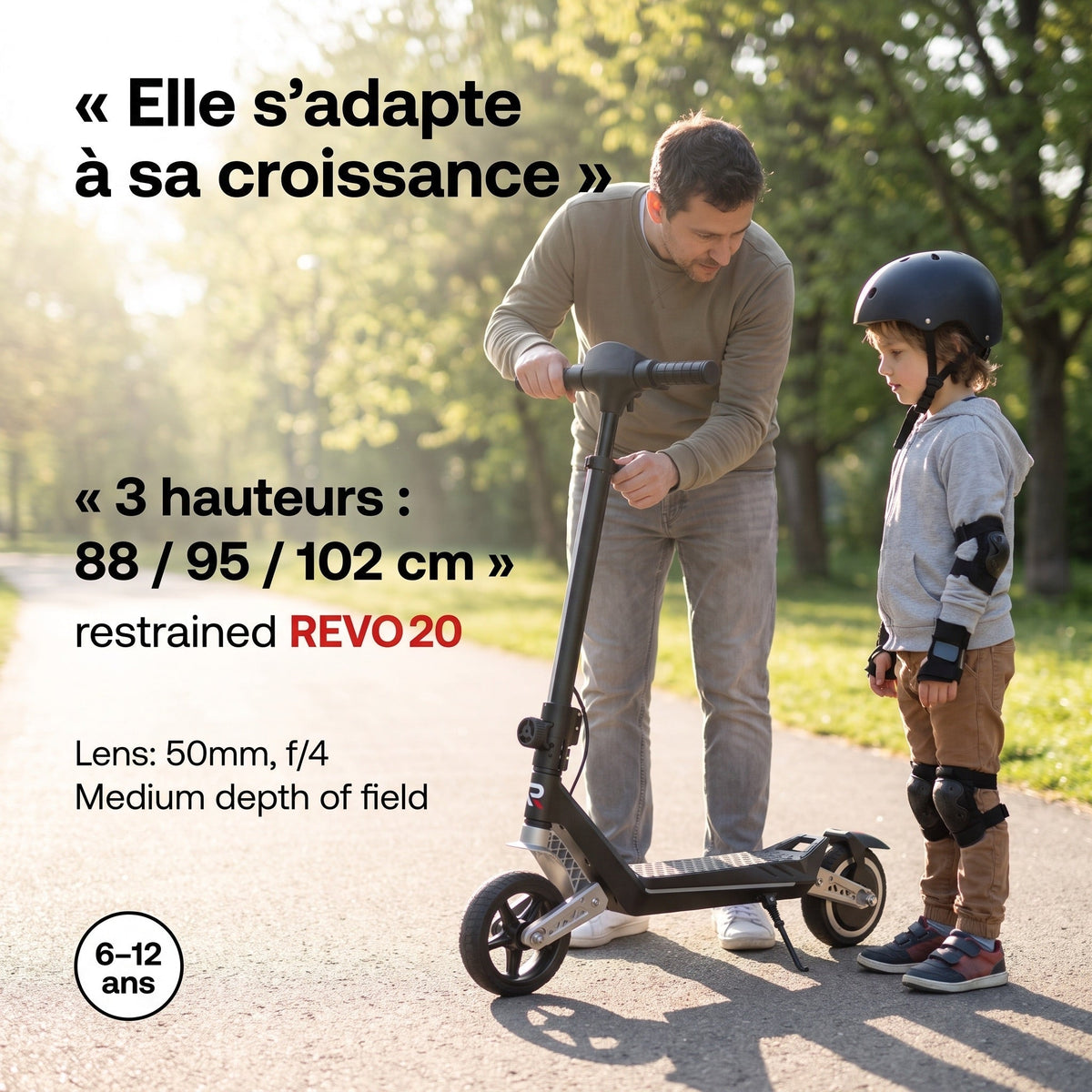 Trottinette électrique pour enfant REVO MiniPulse 16 – 6 à 12 ans – 5/10/16 km/h – Autonomie 9 km – Double suspension – Bluetooth et LED