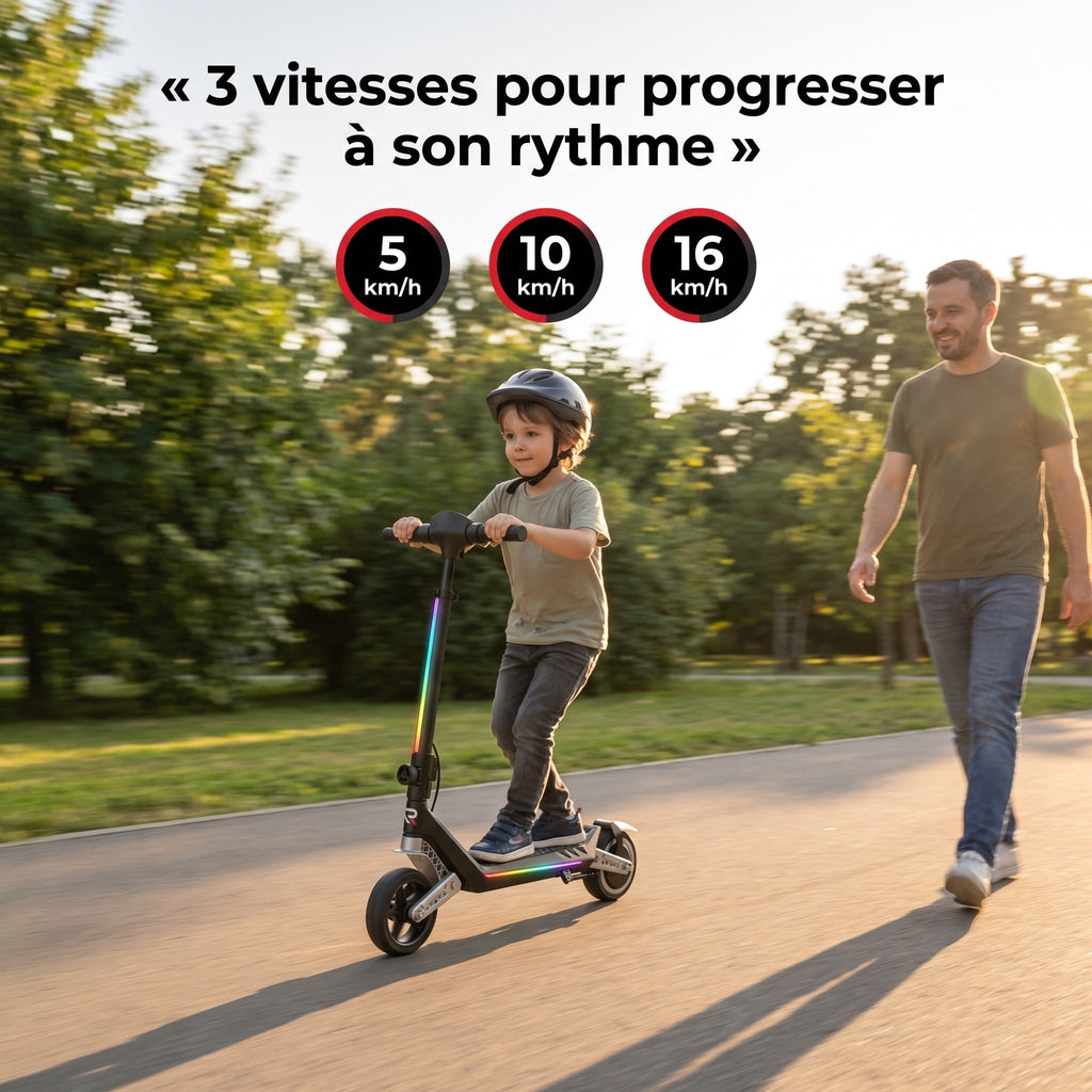 Trottinette électrique pour enfant REVO MiniPulse 16 – 6 à 12 ans – 5/10/16 km/h – Autonomie 9 km – Double suspension – Bluetooth et LED