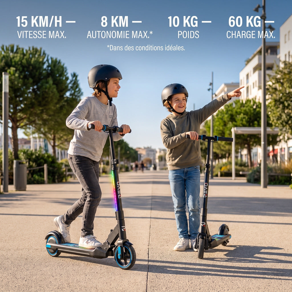 Trottinette électrique enfant REVO Spark 15 – 150 W – 3 vitesses – Jusqu'à 15 km/h – Autonomie 8 km