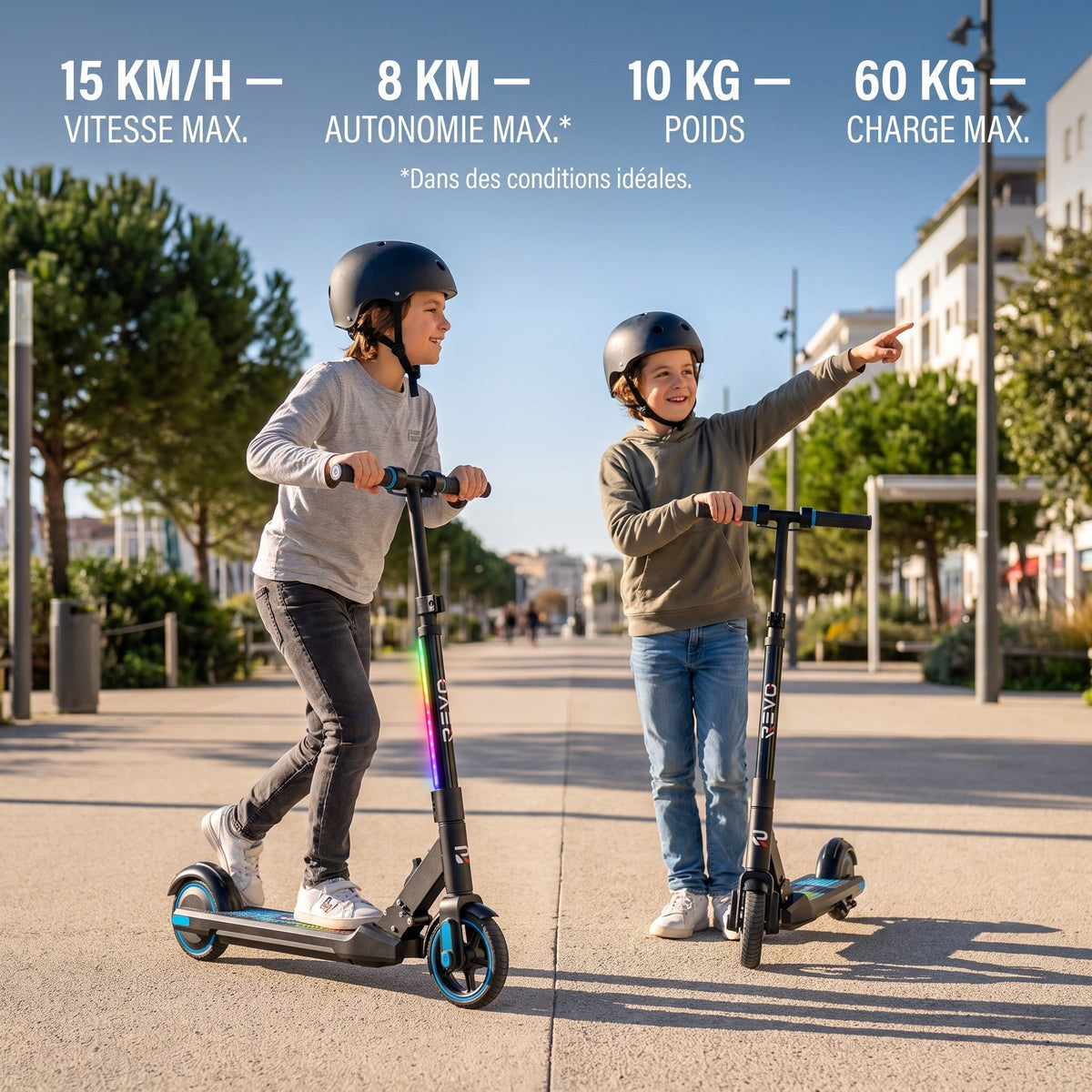 Trottinette électrique enfant REVO Spark 15 – 150 W – 3 vitesses – Jusqu'à 15 km/h – Autonomie 8 km