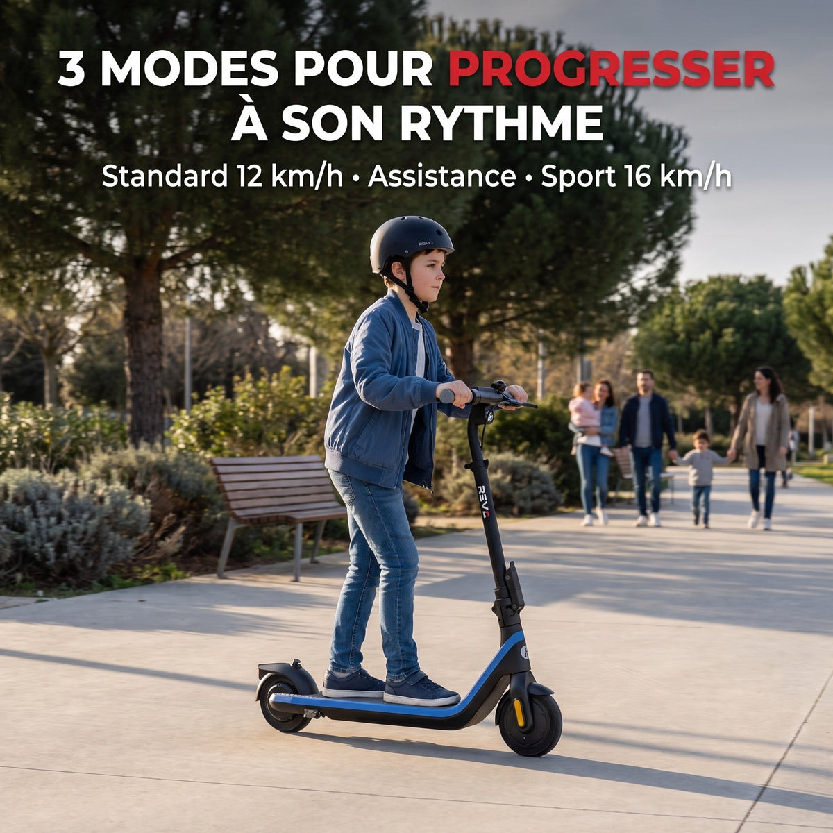 Trottinette électrique pour enfant REVO Kinetik 16 – Jusqu’à 16 km/h – Autonomie jusqu’à 16 km – 3 modes de conduite – Guidon réglable