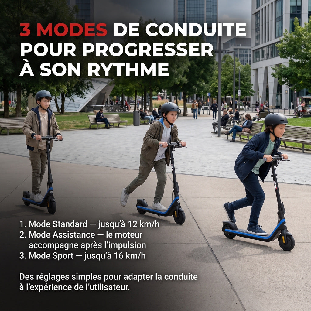 Trottinette électrique pour enfant REVO Kinetik 16 – Jusqu’à 16 km/h – Autonomie jusqu’à 16 km – 3 modes de conduite – Guidon réglable