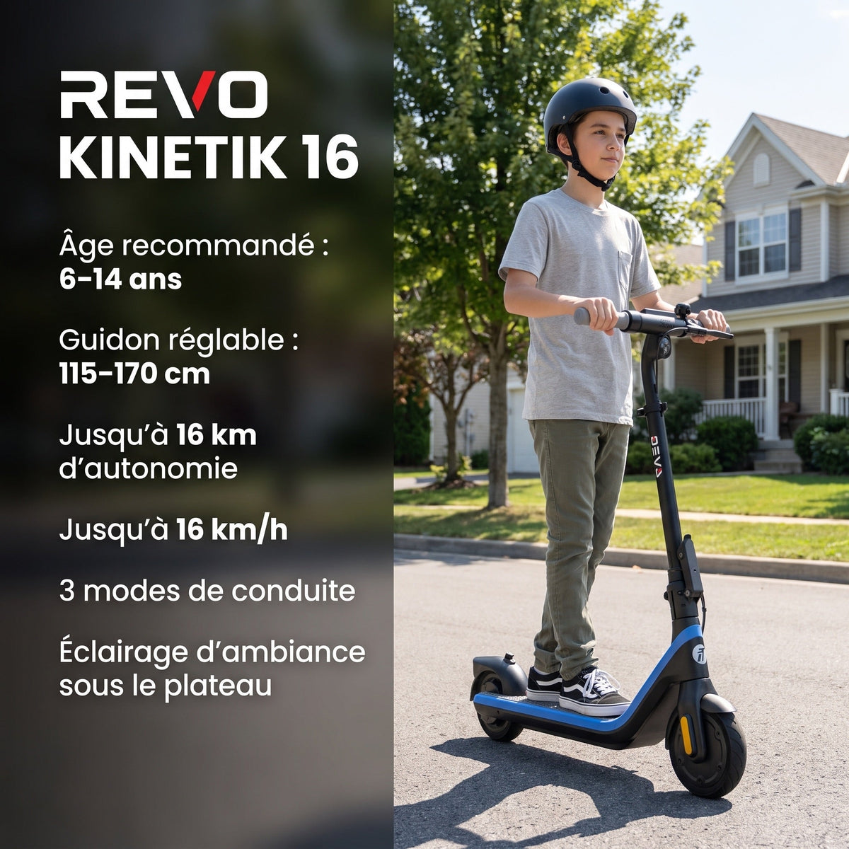 Trottinette électrique pour enfant REVO Kinetik 16 – Jusqu’à 16 km/h – Autonomie jusqu’à 16 km – 3 modes de conduite – Guidon réglable