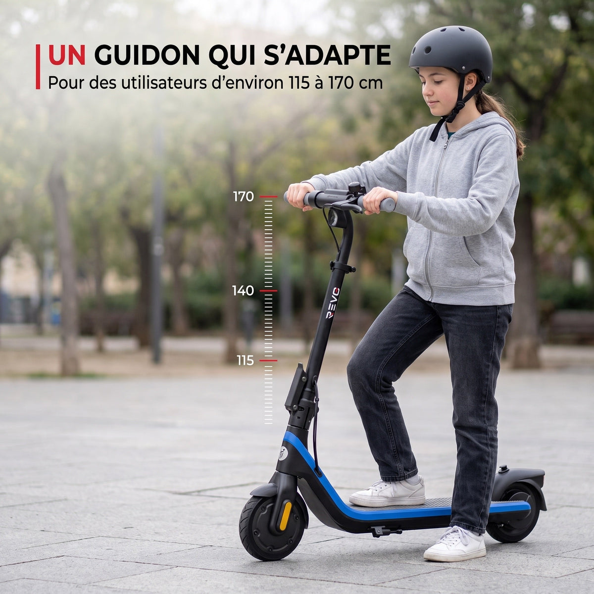 Trottinette électrique pour enfant REVO Kinetik 16 – Jusqu’à 16 km/h – Autonomie jusqu’à 16 km – 3 modes de conduite – Guidon réglable