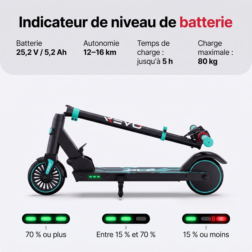 Trottinette électrique pour enfant REVO MiniRide 250 – 250 W – Jusqu’à 20 km/h – Autonomie jusqu’à 16 km – Pliable