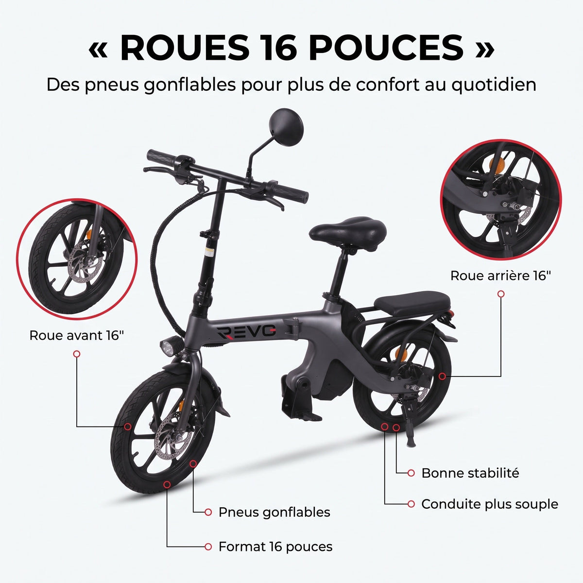 Draisienne électrique pliable REVO Velix 16 – Roues 16" – Batterie amovible 10,4 Ah – Freins à disque avant & arrière