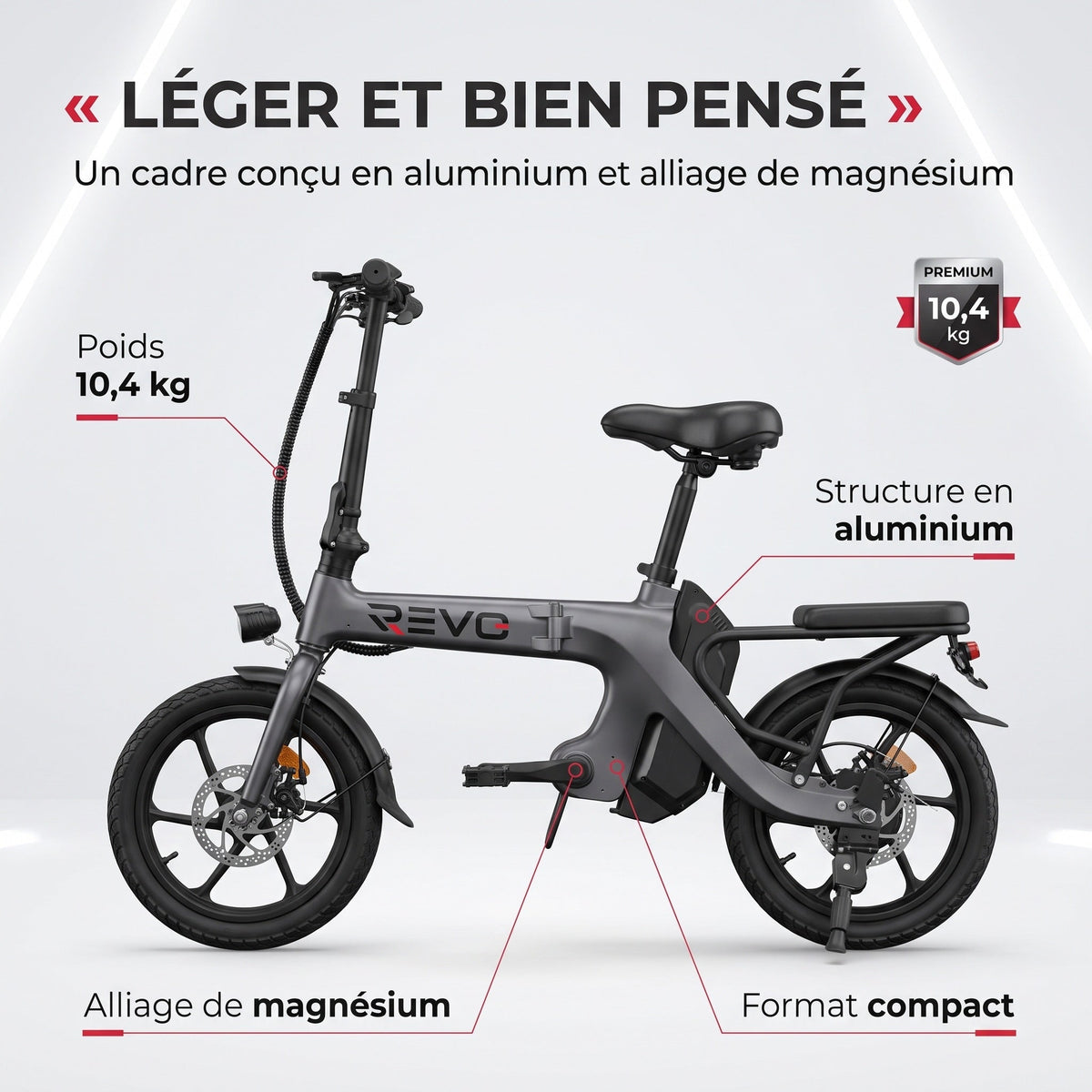 Draisienne électrique pliable REVO Velix 16 – Roues 16" – Batterie amovible 10,4 Ah – Freins à disque avant & arrière