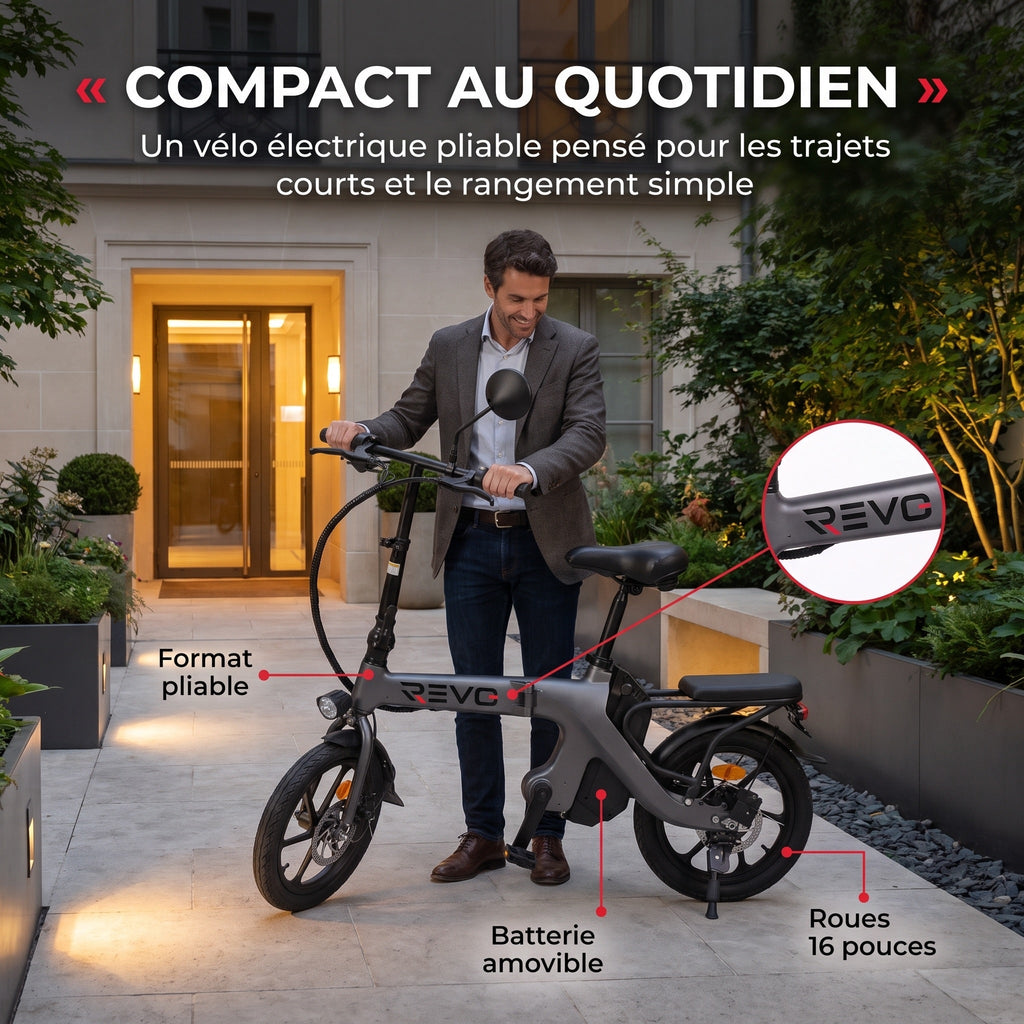 Draisienne électrique pliable REVO Velix 16 – Roues 16" – Batterie amovible 10,4 Ah – Freins à disque avant & arrière