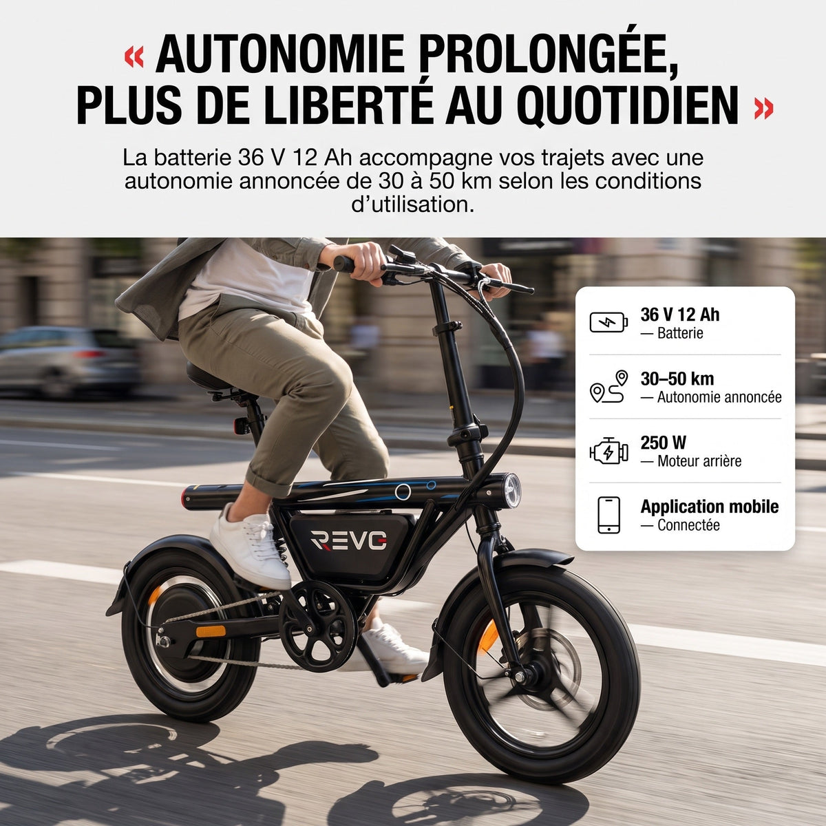 Draisienne électrique pliable REVO Foldix 14 – 250 W – Batterie 36 V 12 Ah – Autonomie jusqu’à 50 km – Application – Roues 14"