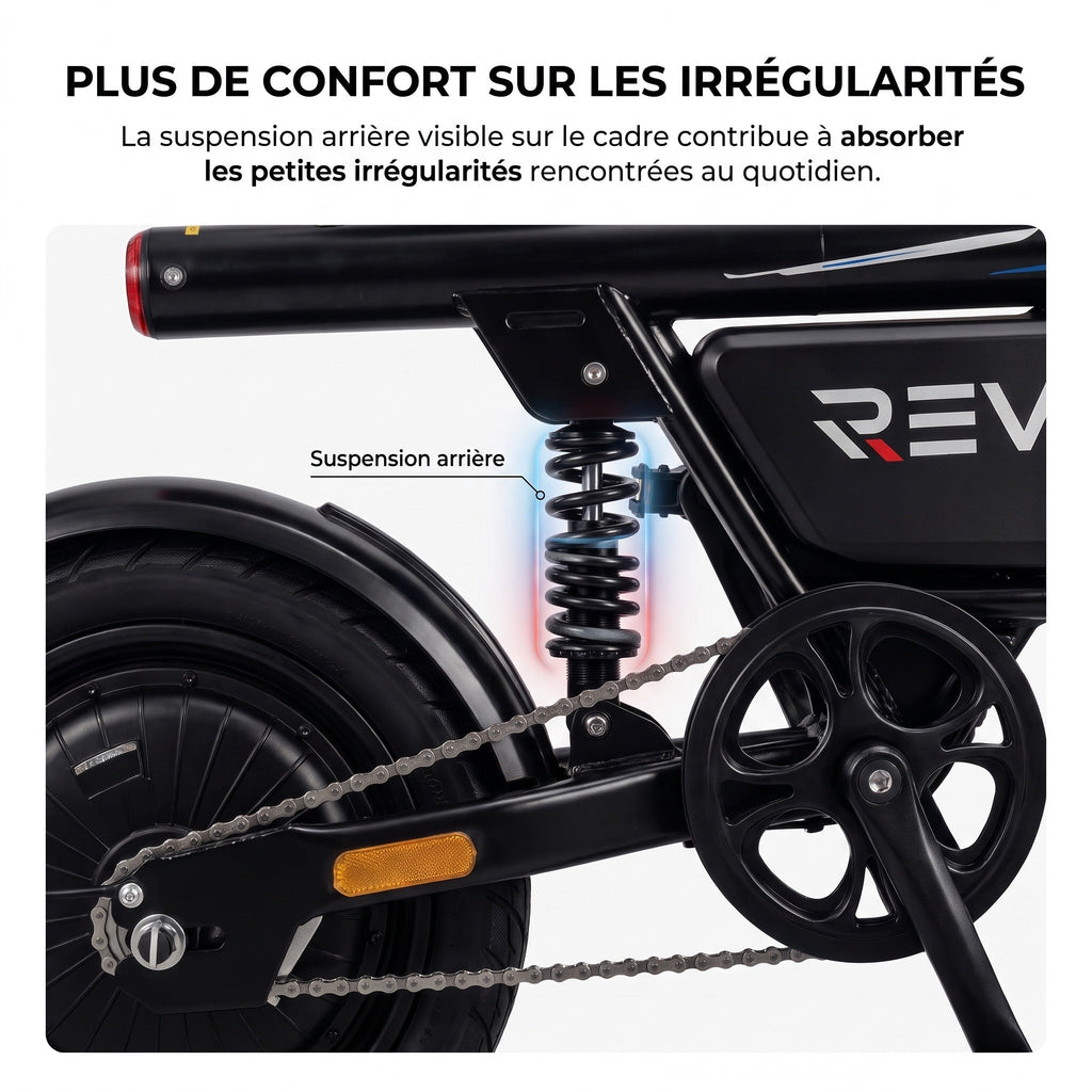 Draisienne électrique pliable REVO Foldix 14 – 250 W – Batterie 36 V 12 Ah – Autonomie jusqu’à 50 km – Application – Roues 14"
