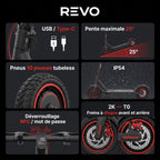 Trottinette électrique REVO Apex X2 – 2 × 1800 W – Batterie 52 V 23,4 Ah – Pneus 10″ tubeless – Double suspension – App & NFC