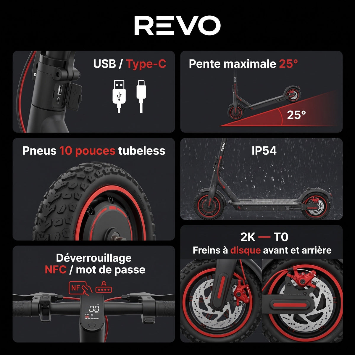 Trottinette électrique REVO Apex X2 – 2 × 1800 W – Batterie 52 V 23,4 Ah – Pneus 10″ tubeless – Double suspension – App & NFC