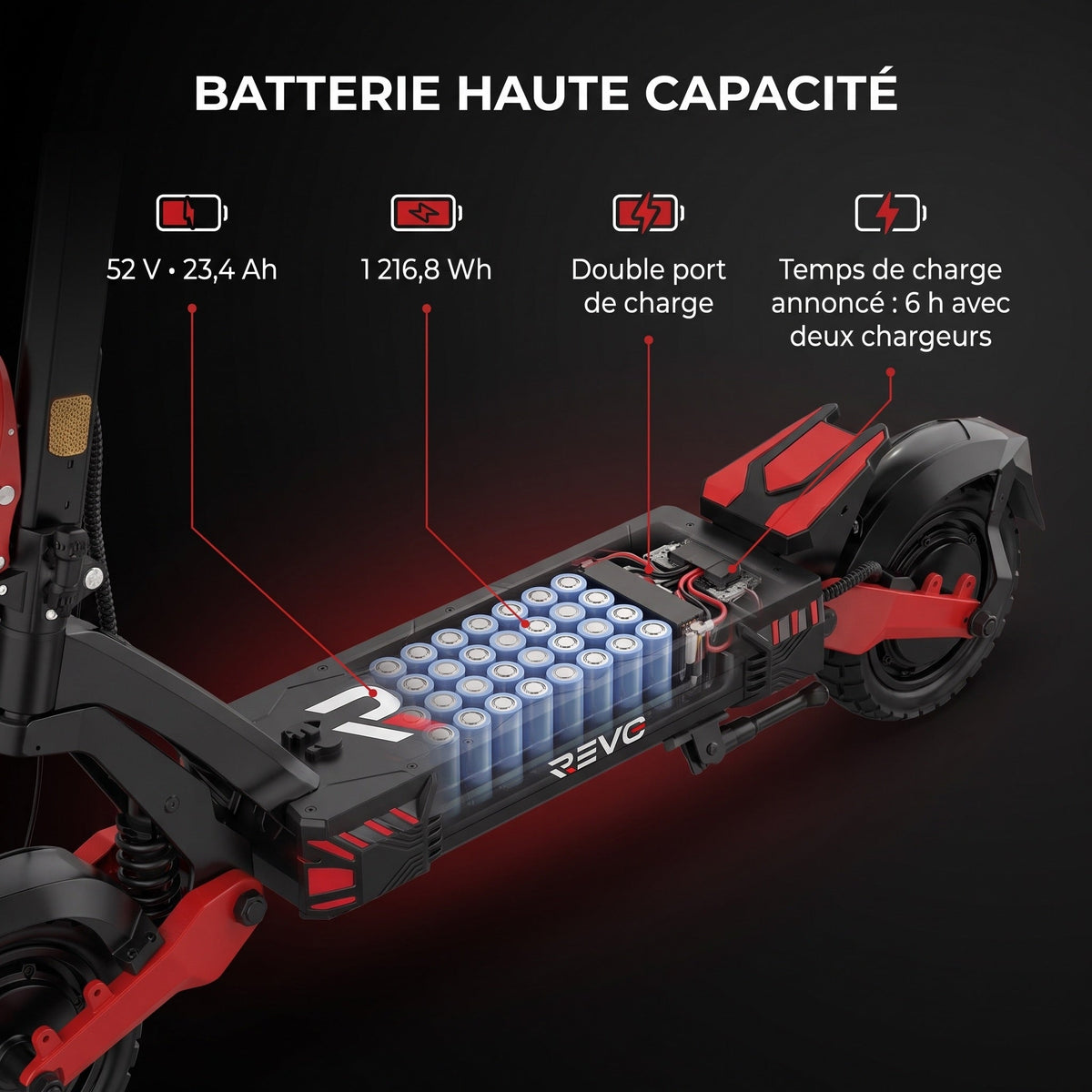 Trottinette électrique REVO Apex X2 – 2 × 1800 W – Batterie 52 V 23,4 Ah – Pneus 10″ tubeless – Double suspension – App & NFC