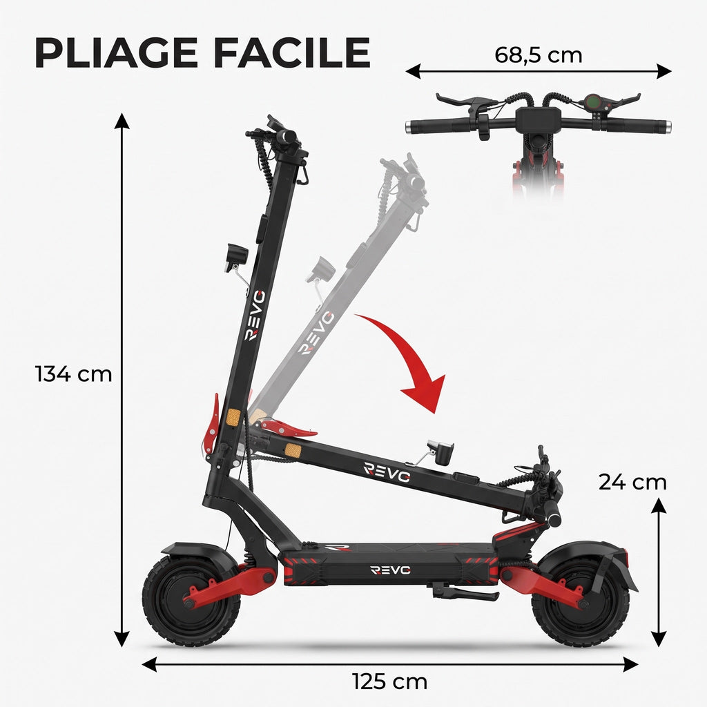 Trottinette électrique REVO Apex X2 – 2 × 1800 W – Batterie 52 V 23,4 Ah – Pneus 10″ tubeless – Double suspension – App & NFC