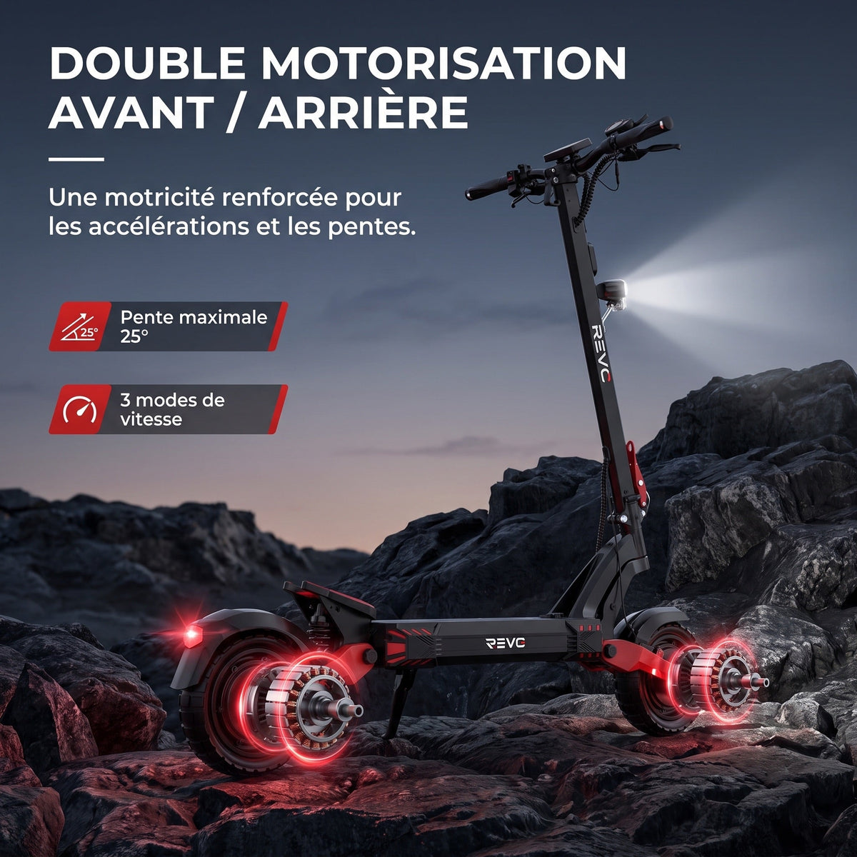 Trottinette électrique REVO Apex X2 – 2 × 1800 W – Batterie 52 V 23,4 Ah – Pneus 10″ tubeless – Double suspension – App & NFC
