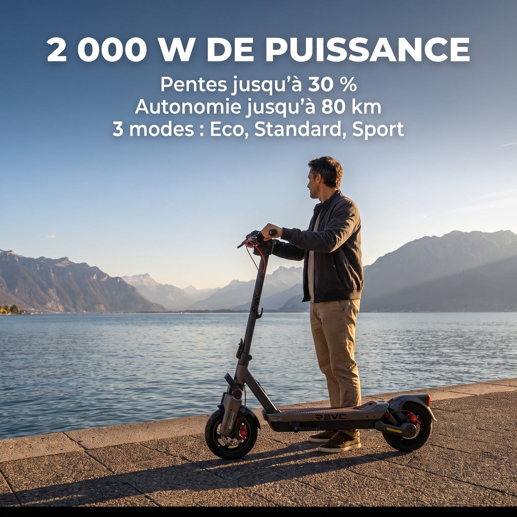 Trottinette électrique REVO Elevon 80 – 2 000 W – 25 km/h – Autonomie jusqu’à 80 km – Pneus 11″ – Écran TFT 2,4″
