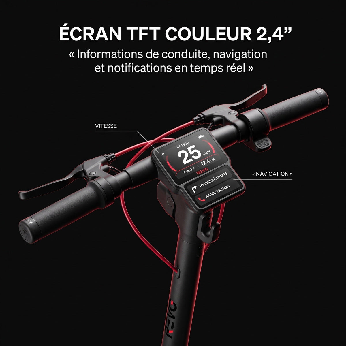 Trottinette électrique REVO Elevon 80 – 2 000 W – 25 km/h – Autonomie jusqu’à 80 km – Pneus 11″ – Écran TFT 2,4″