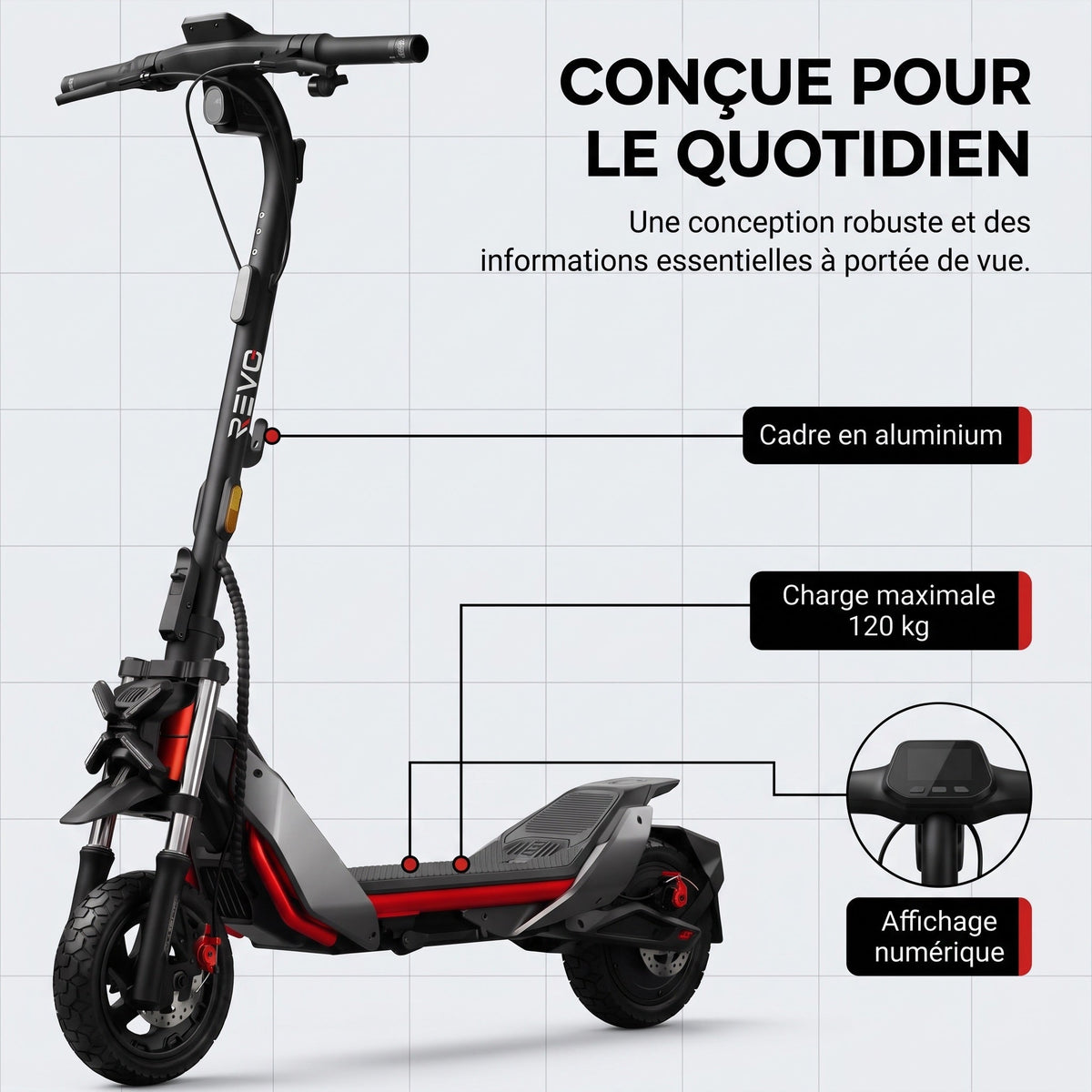 Trottinette électrique REVO Vanguard 11 – 25 km/h – Pneus tout-terrain 11″ – Double suspension – Charge 120 kg