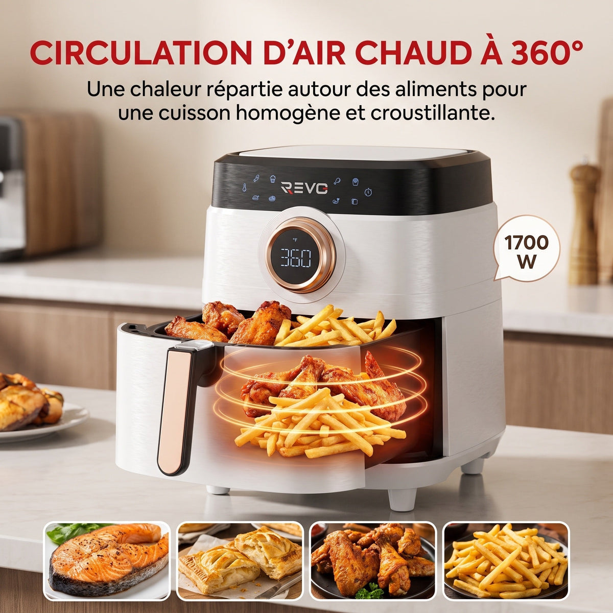 Airfryer REVO Savoris 1700 – Friteuse à air 1700 W – 8 préréglages – Écran tactile – Blanc