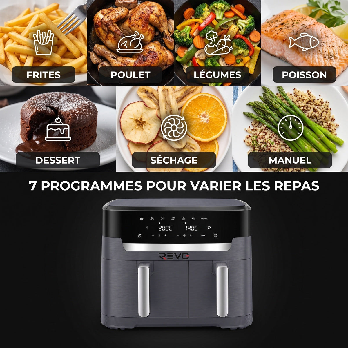 Air Fryer REVO Twinora 11 – 11 L – Double zone 6,5 L + 4,5 L – 2 700 W – 7 programmes