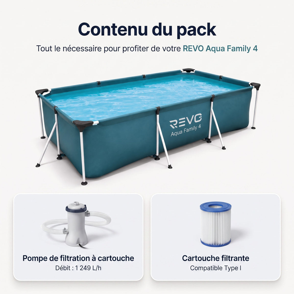Piscine hors-sol rectangulaire REVO Aqua Family 4 – 400 × 211 × 81 cm – 5 700 L – Filtration à cartouche