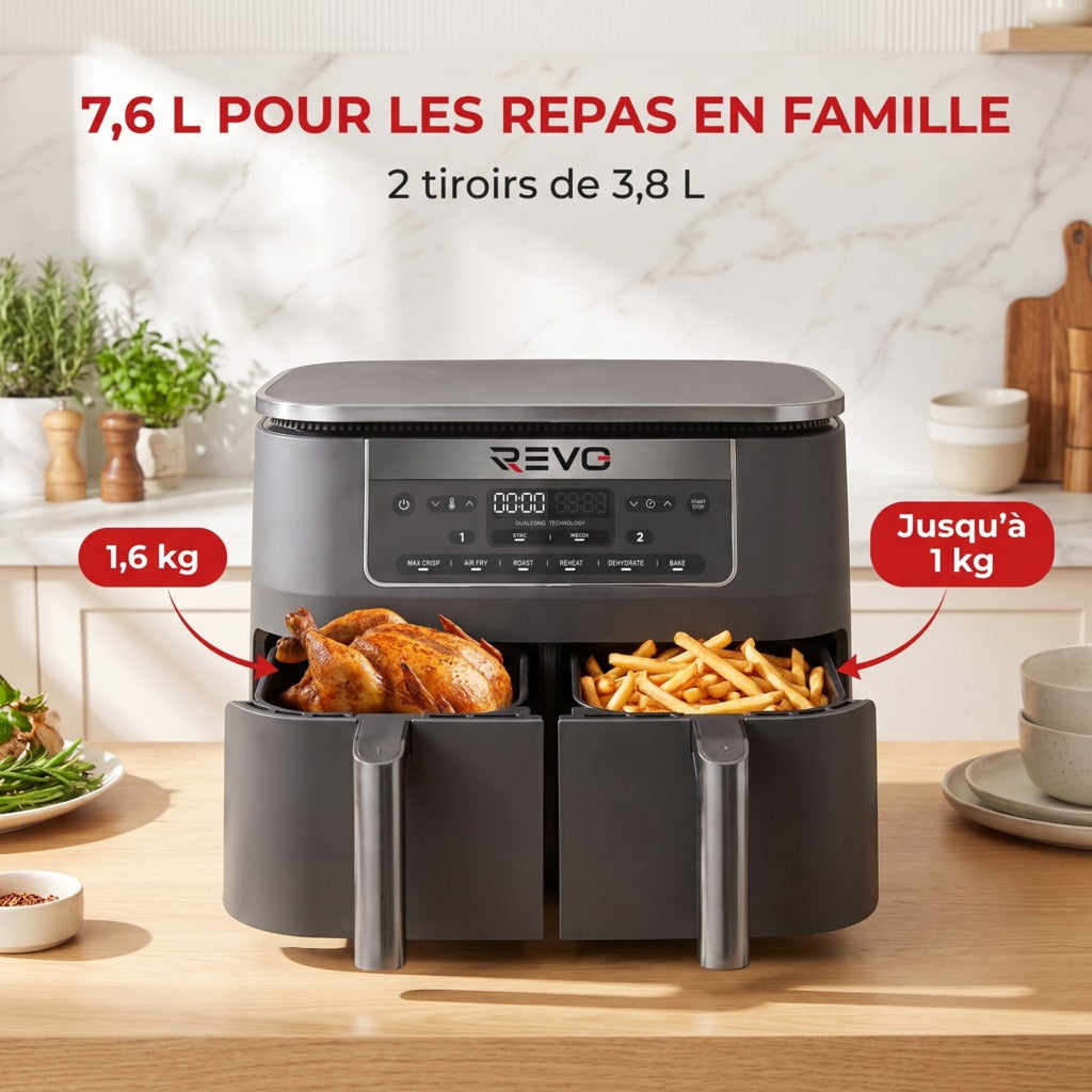 Friteuse à air chaud REVO Synora 7,6 – Double zone 7,6 L – 6 modes – Cuisson synchronisée